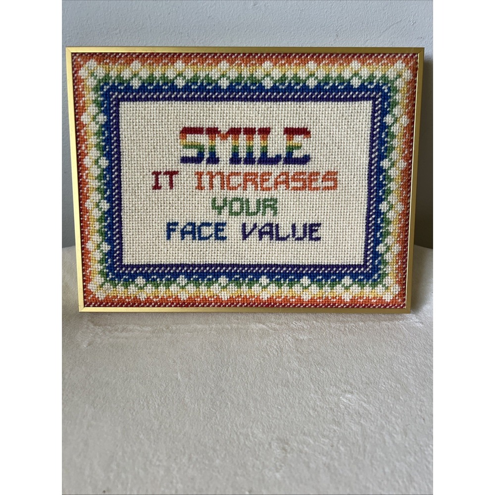 Retro Rainbow Cross Stitch Sampler, Smile Increases Your Face Value Framed 70s